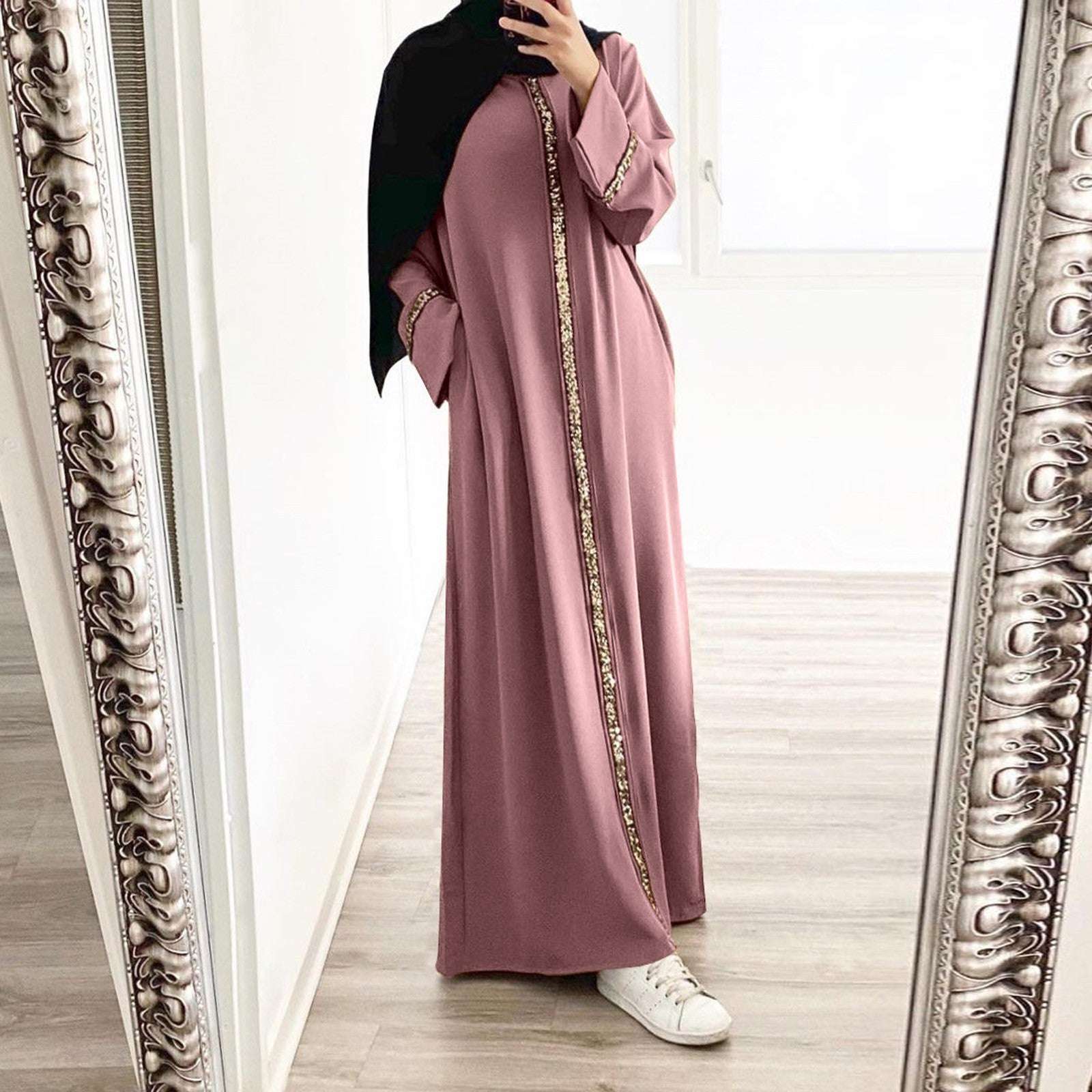 Muslim Robe Fashion Splicing Panelled Sequins Dress Solid Color Chiffon Dress F image 4