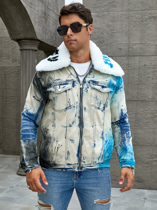Men's fashion stretch jacket, full strip printing, fashion wash, has a very fas image 0