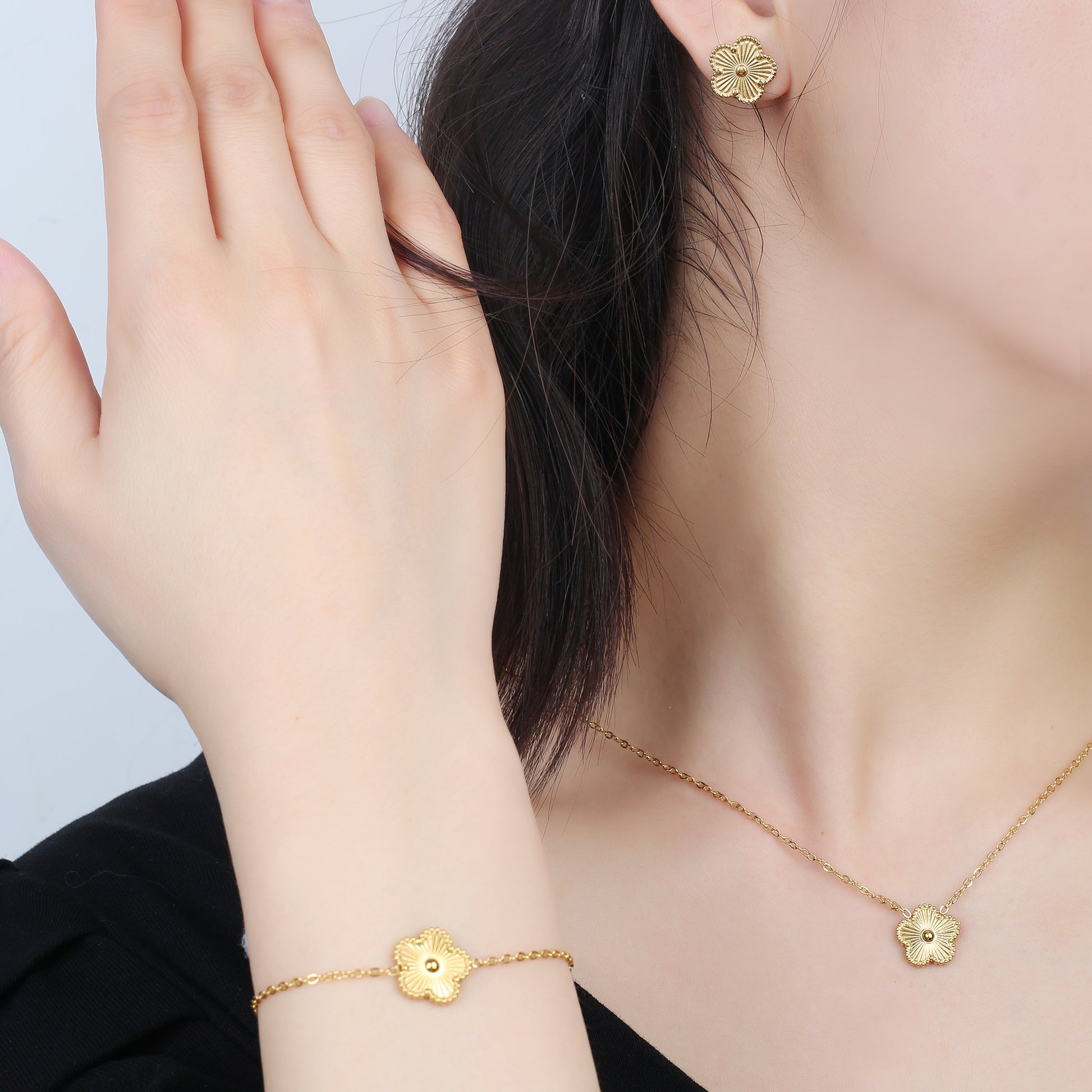 3Pcs 18k Gold-Plated Five-Leaf Flower Necklace Earrings Bracelet Jewelry Set Fo image 24