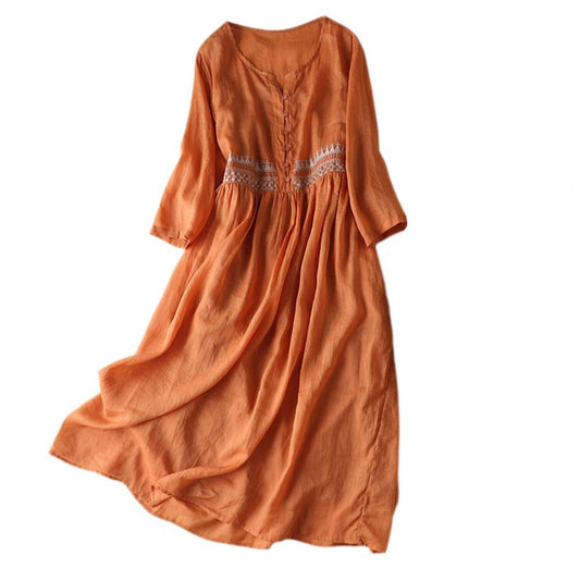 Cotton Casual Dress Elegant Ethnic Embroidered Midi Dress with High Waist Doubl image 0
