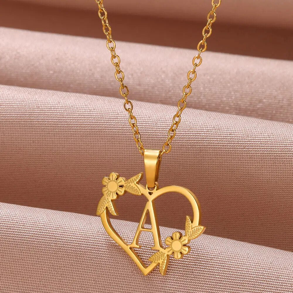 Gold Color Dainty Flower Initials Necklace Women Girl Stainless Steel Heart Let image 26