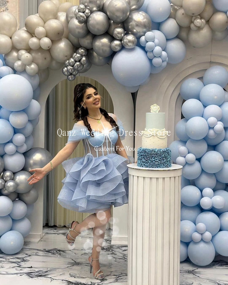 Qanz Short Sky Blue Homecoming Dresses Above Knee/Mini Shiny Tulle Vestidos De  image 5
