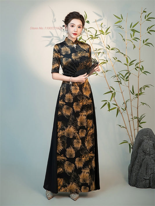 2024 vietnam traditional dress aodai chinese vintage qipao national flower prin image 0