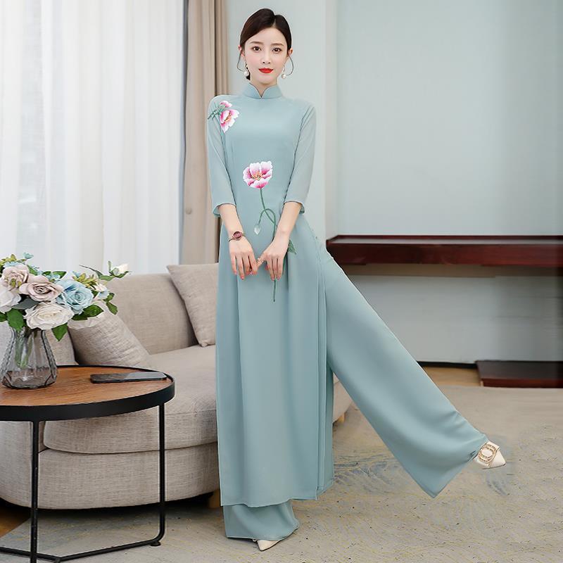 Spring Summer Ao Dai Cheongsam Folk Style Vietnam Chiffon Aodai Graceful Elegan image 2