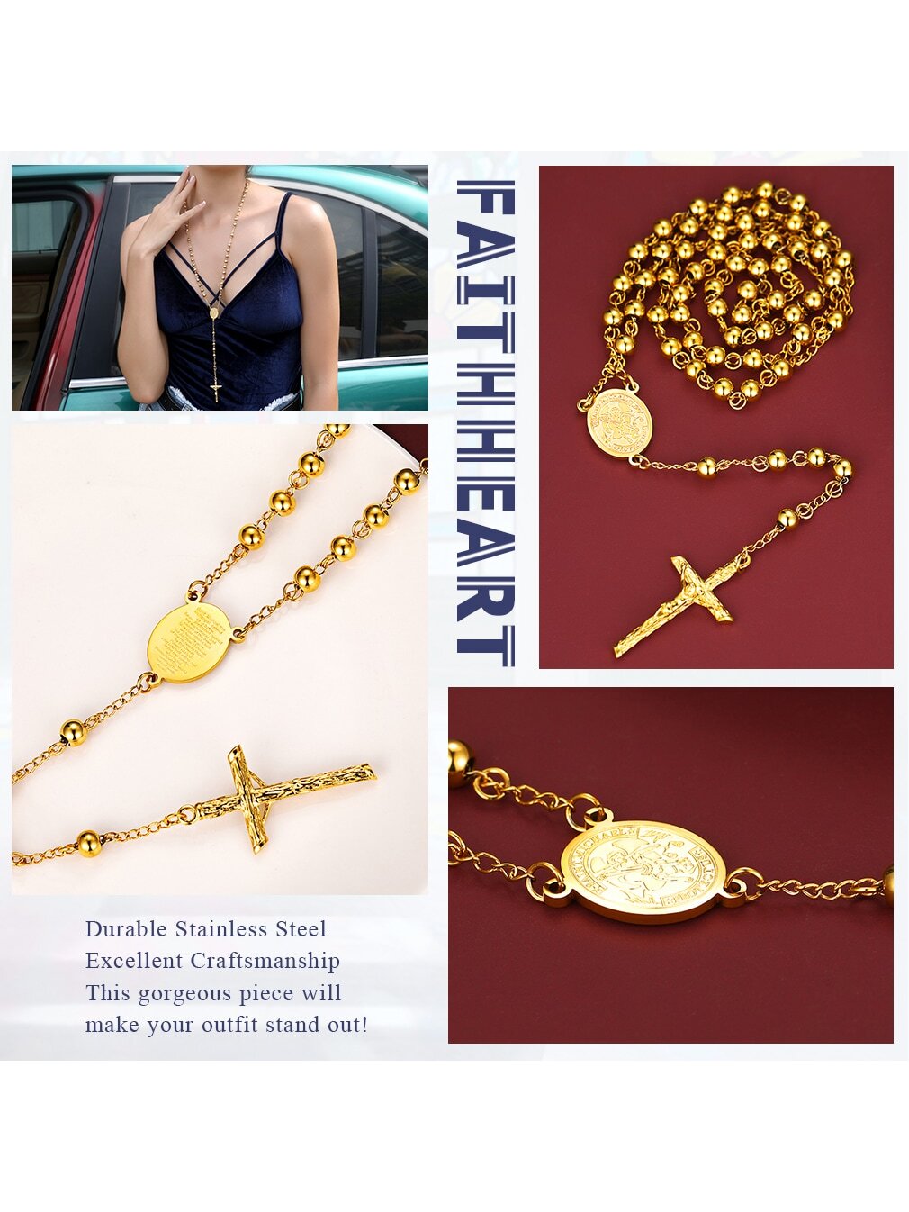 FaithHeart Women Christian Cross Pendant Necklace,Stainless Steel/Black/Gold Pr image 22