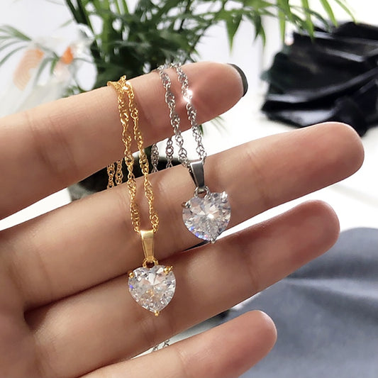 Heart Necklaces For Women Stainless Steel Gold Plated Chain Zircon Heart Pendan image 0