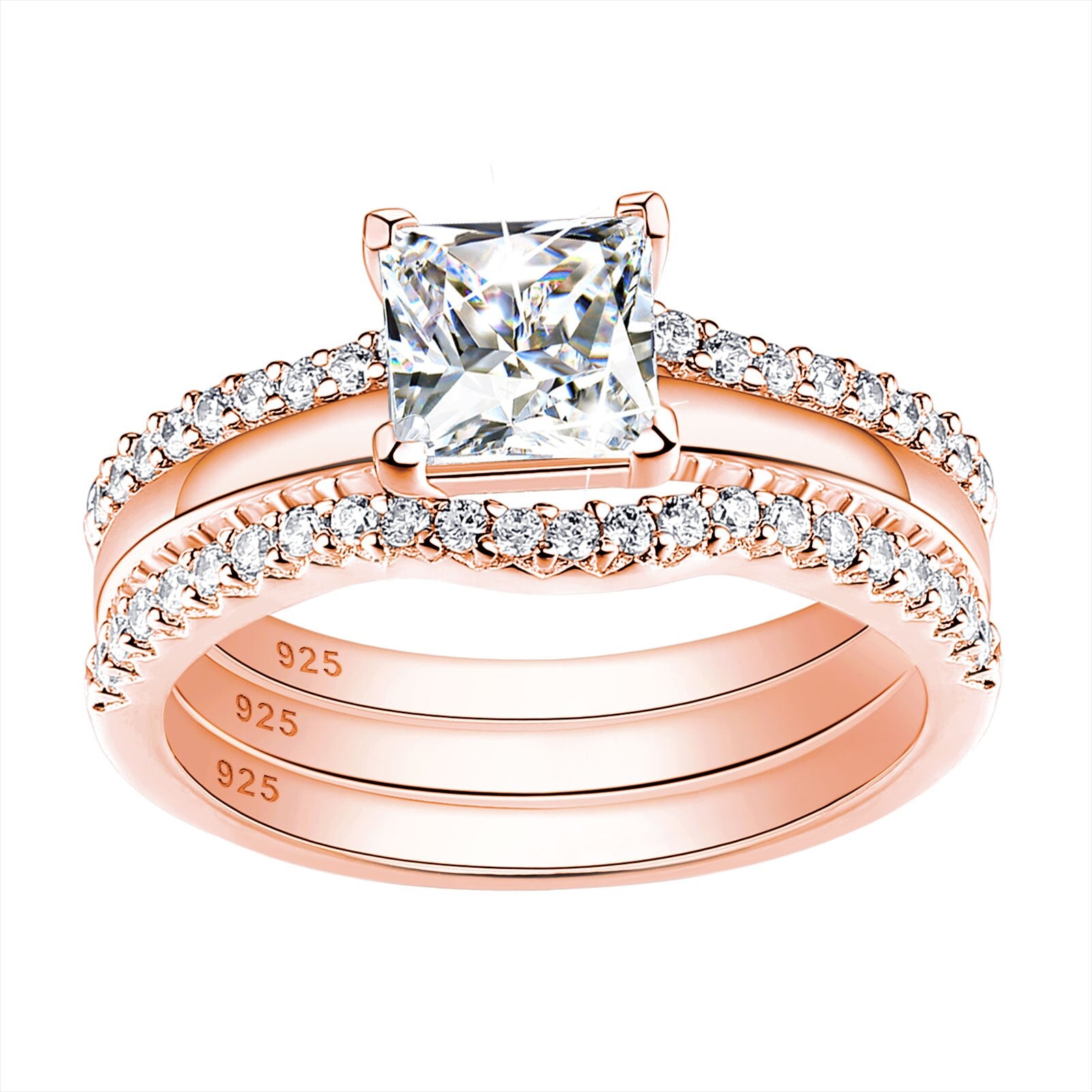 Newshe Silver ＆ Yellow Rose Gold 925 Sterling Silver Princess Cut CZ Wedding image 4