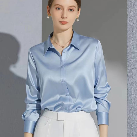 All-match Satin Finish Shirts And Blouses Women Clothing Casual Top OL Long Sle image 0