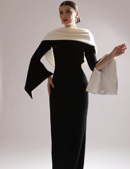 Matching Jersey Pleat Straight Boat Neck Long Dresses Homecoming  Retro Fashion image 0