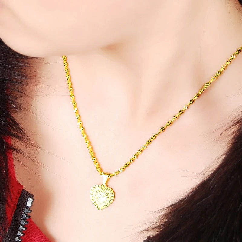 24k Real Gold Necklace Plating Heart Shaped Gold Necklace Ladies Wedding Birthd image 2