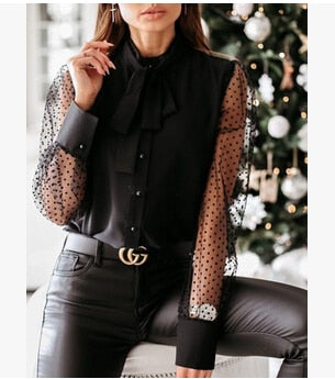 Imcute Shirts OL Women Elegant Mesh Sheer See Through Long Sleeve Patchwork Tops image 6