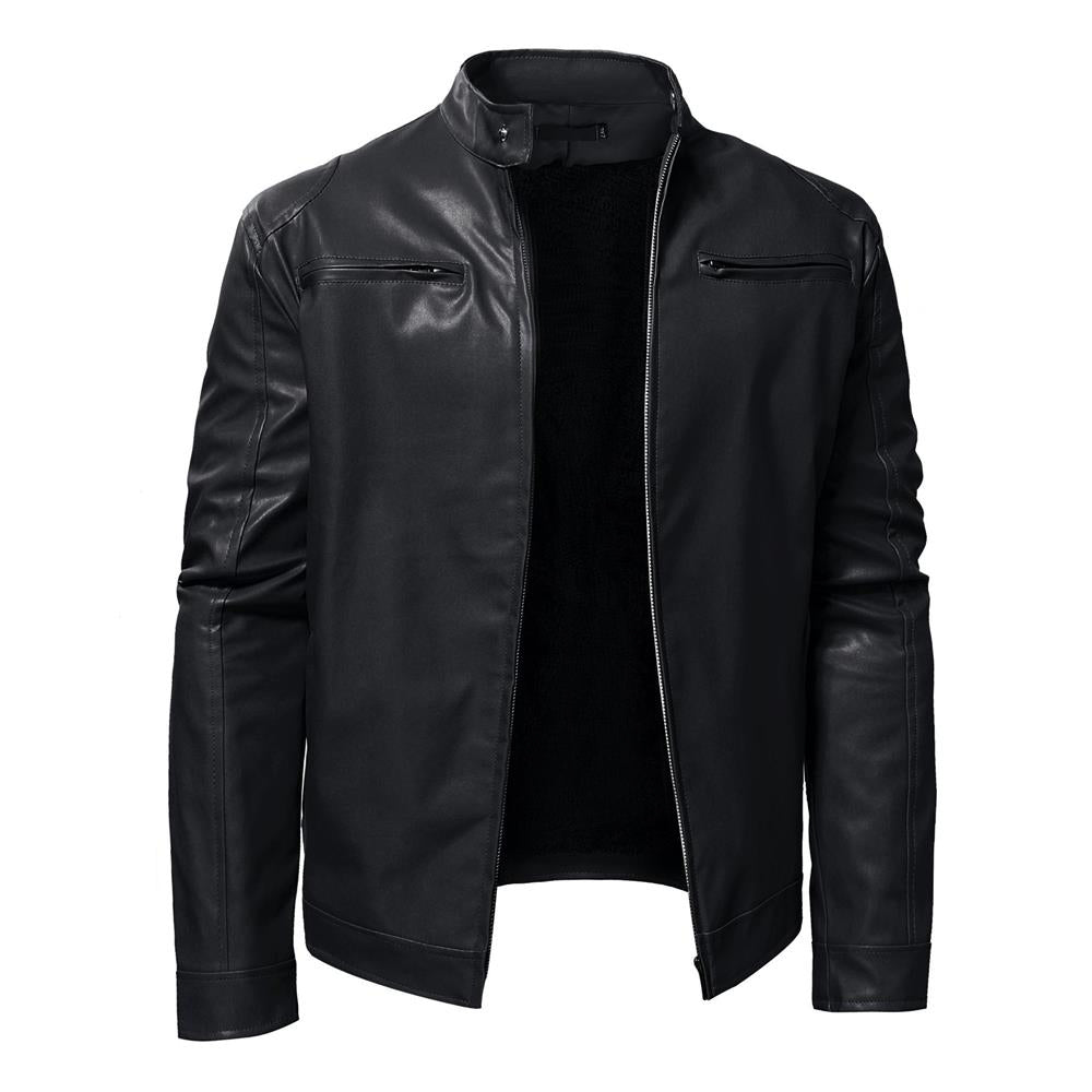 Autumn Mens Stand Collar Jacket Coat Black Leather Motorcycle Jacket Solid Colo image 1