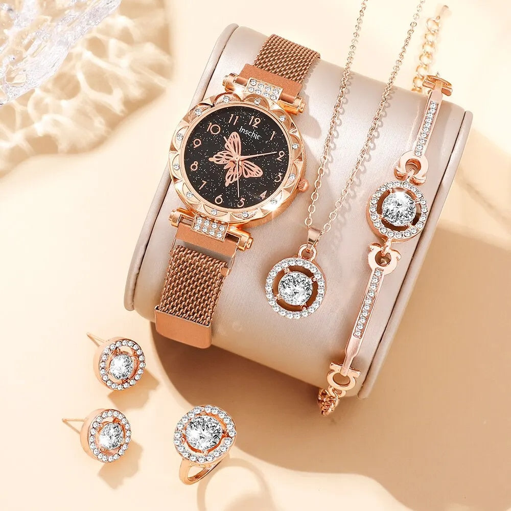 Rose Gold Luxury Watch Women Ring Necklace Earring Rhinestone Fashion Wristwatc image 1