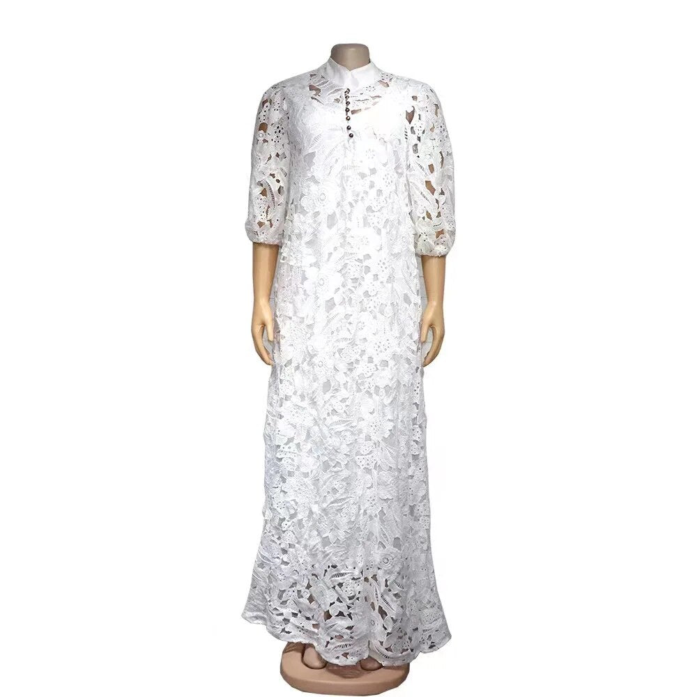 New African Women Hollow Out Lace Long Dresses Nigerian Wedding Party Clothes F image 2