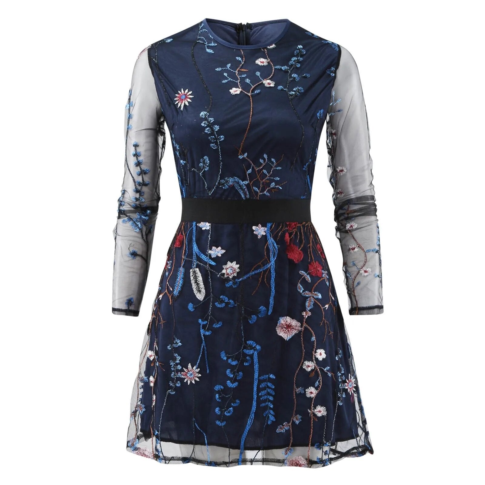 Women Double Layer Mini Dress Floral Embroidered Mesh Patchwork Long Sleeve O-N image 5