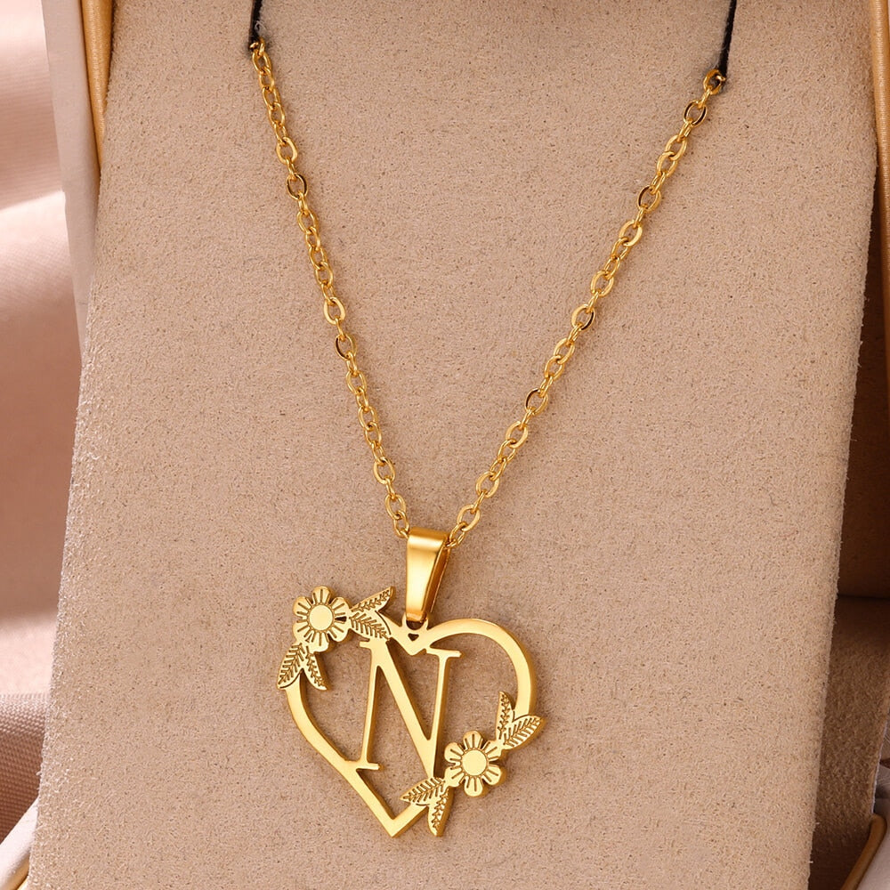 Gold Color Dainty Flower Initials Necklace Women Girl Stainless Steel Heart Let image 13