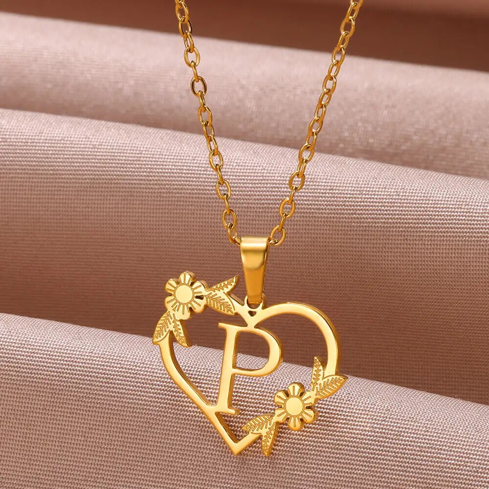 Gold Color Dainty Flower Initials Necklace Women Girl Stainless Steel Heart Let image 15