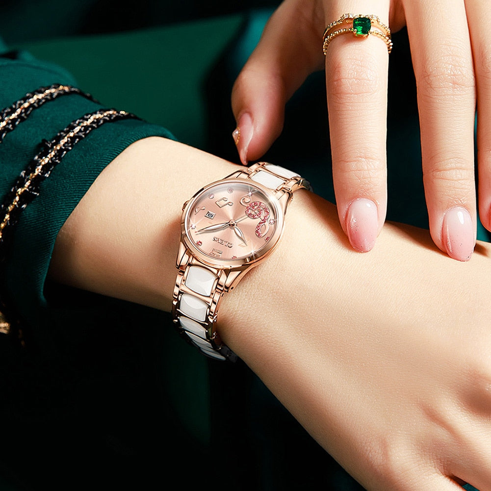 OLEVS Women Wrist Watches Rose Gold Elegant Ceramic Watchstrap Ladies image 13