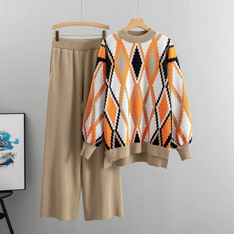 Loose Knitted Two Piece Women Sets Casual Loungewear Knit Sweater Pants Suit Wi image 2
