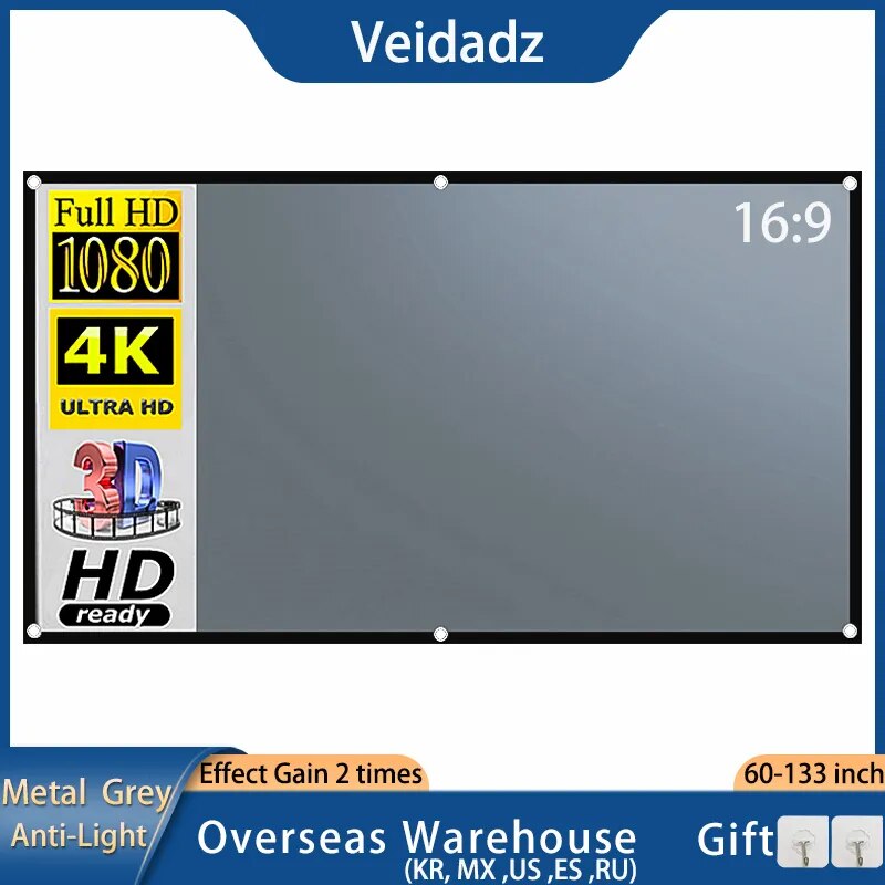 VEIDADZ Projector Screen Metal Grey Anti-Light 60-133 inch 30ƒ€š° Viewing Angle 16 image 1