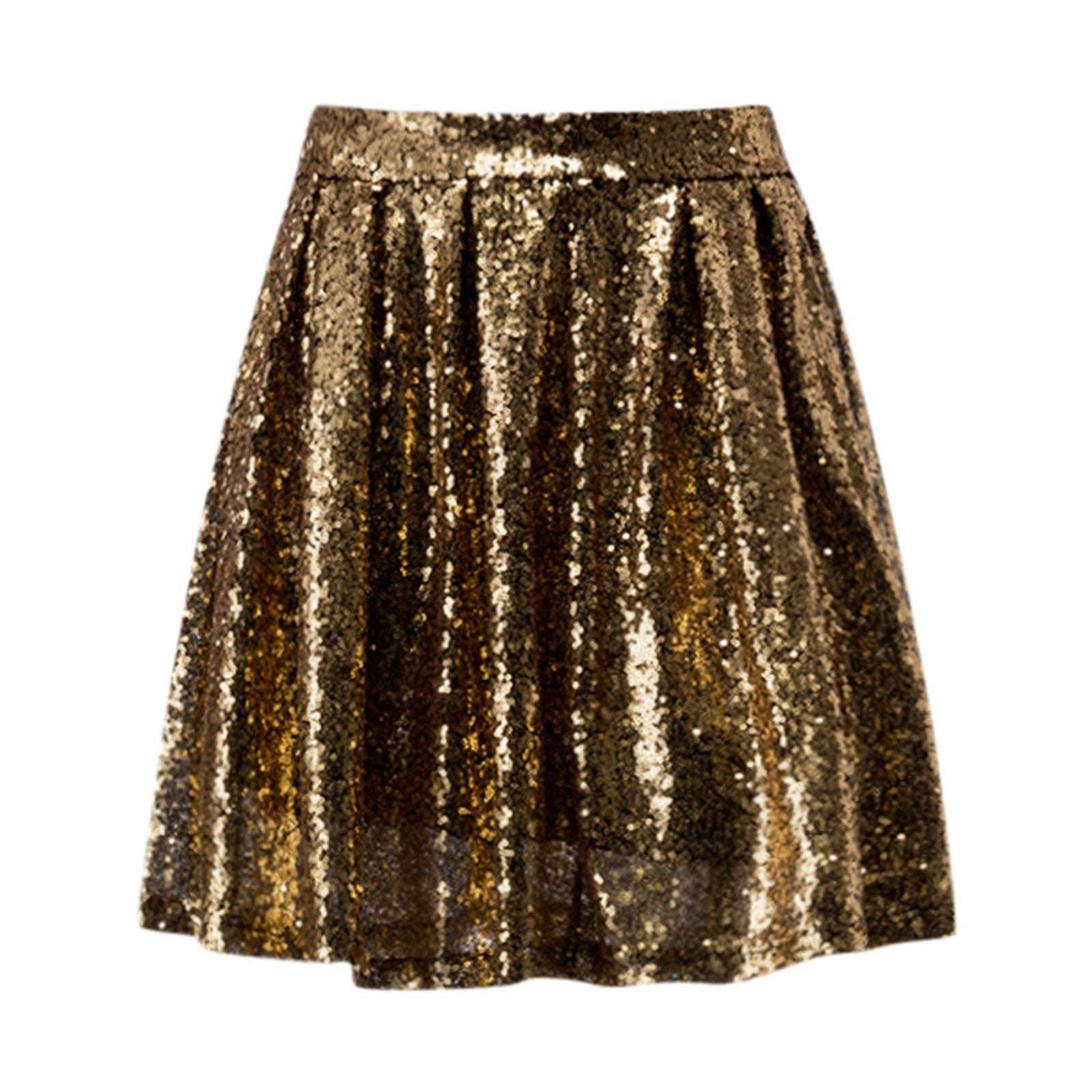 Women's Fashion High Waist Pleated Gold A-Line Short Skirt Loose Sequin Skirt P image 4