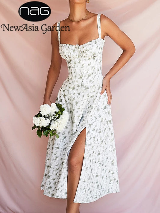 NewAsia Floral Summer Dress Boned Tie Up Split  Elastic With Lining Adjustable image 0