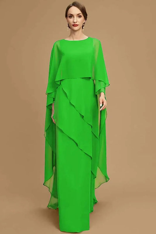 Elegant Women Party Dress Chiffon Batwing Cape Sleeve Tiered Asymmetric Trim O- image 0