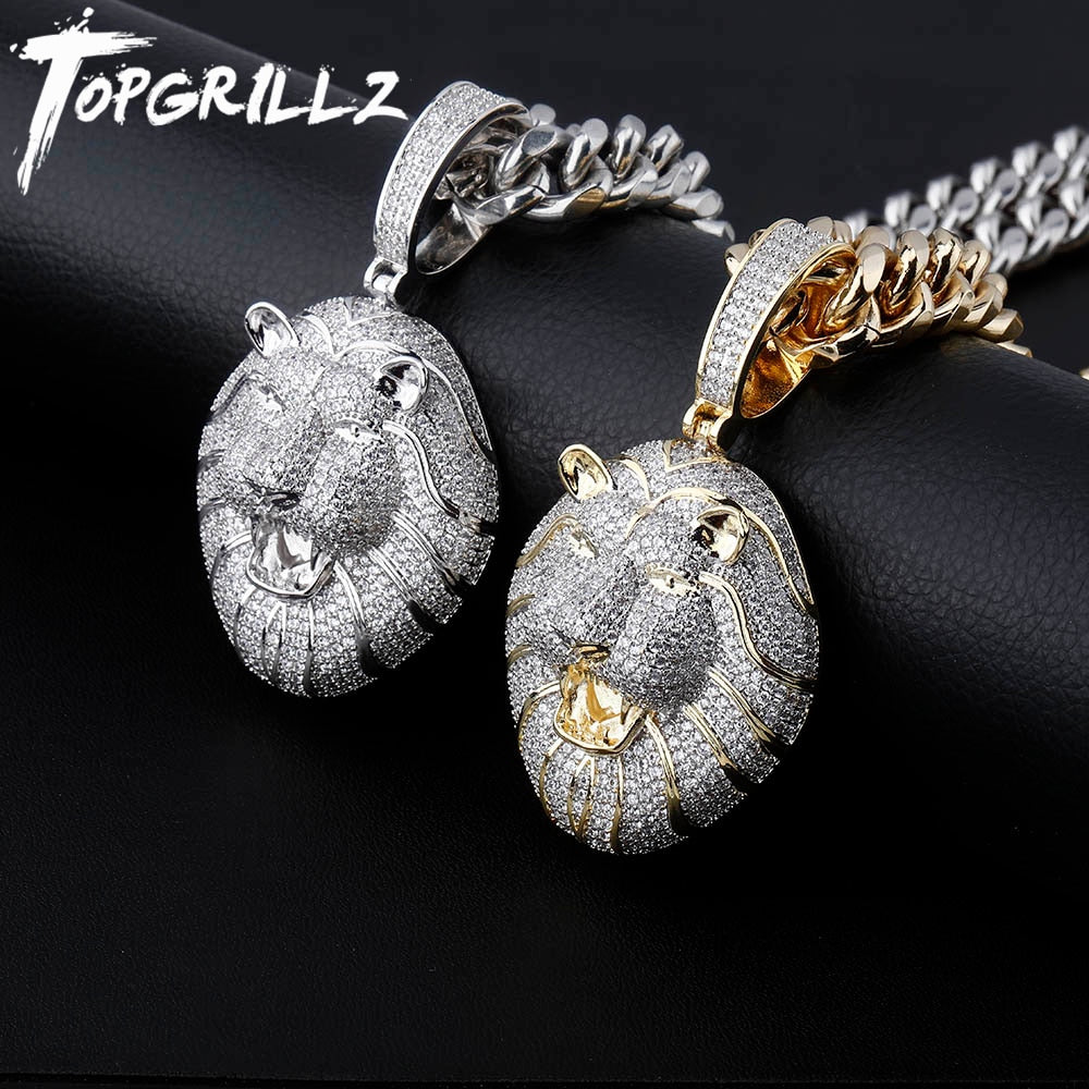 TOPGRILLZ Gold Silver Color Iced Cubic Zirconia Animal Lion Pendant Necklace image 3