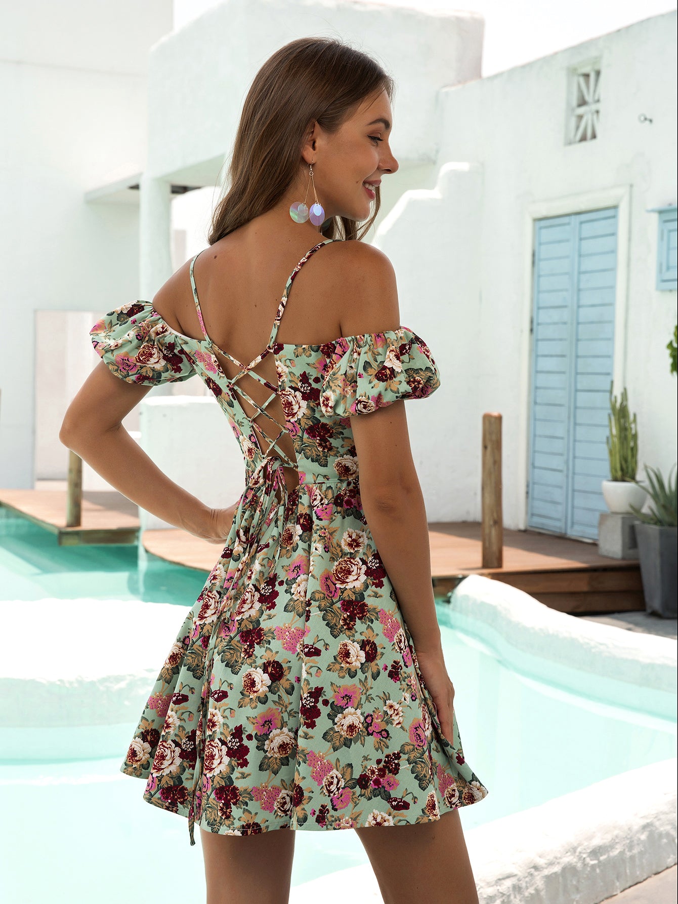 Angel-fashions Women Allover Floral Print Cold Shoulder Puff Sleeve A-Line Lace image 0