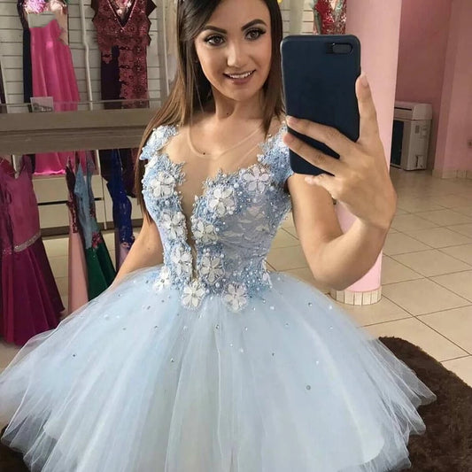 Bealegantom Light Blue A Line Short Homecoming Dresses Tulle Appliques Mini Gra image 0