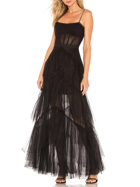 Summer Women Sleeveless Tulle Dress Layered Ruffle Hem Long Party Dress for Coc image 0