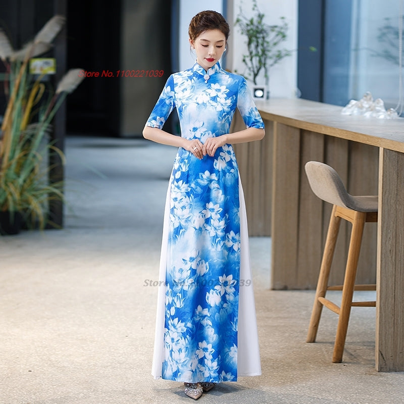 2024 chinese improved qipao dress vintage flower print vietnam ao dai dress ele image 2