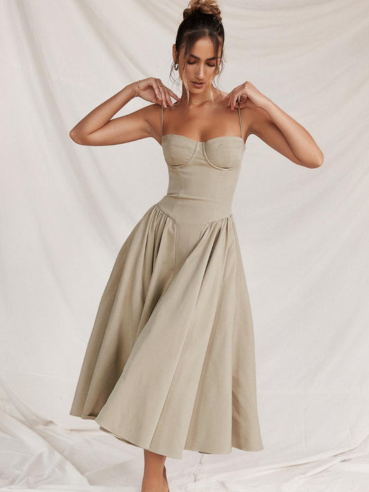 Sexy Women Solid Pleated Sling Dress Chic Sleeveless Backless Loose Hem A Line  image 0