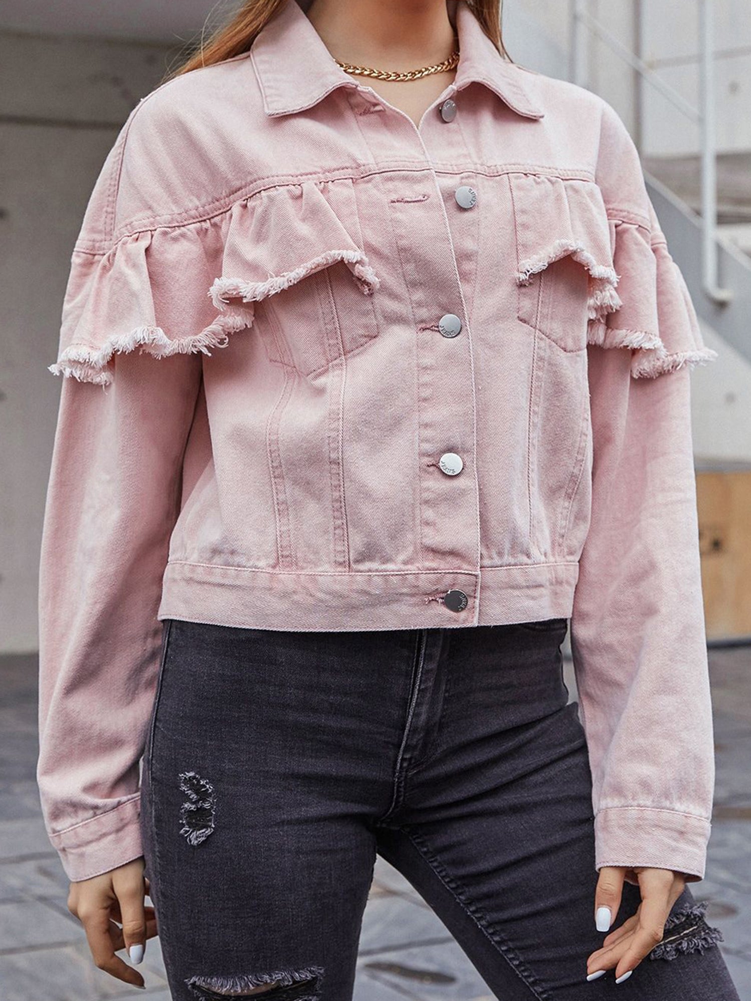 Ladies Frilled Denim Coat with Long Sleeves Collared Neckline and Button Closur image 5