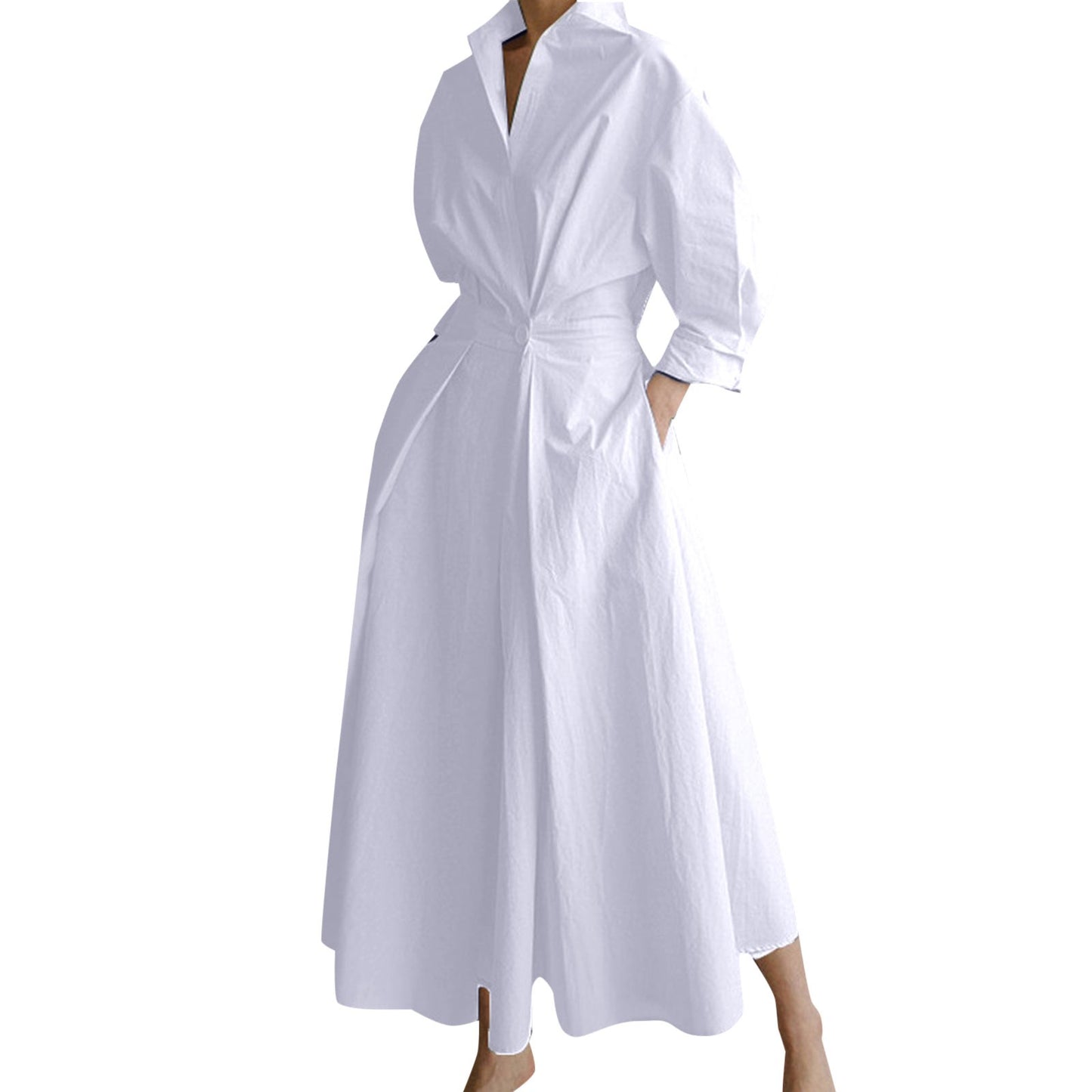Women Long Sleeve White Shirt Dress 2024 Summer Autumn Casual Lapel Wrap Dresse image 1