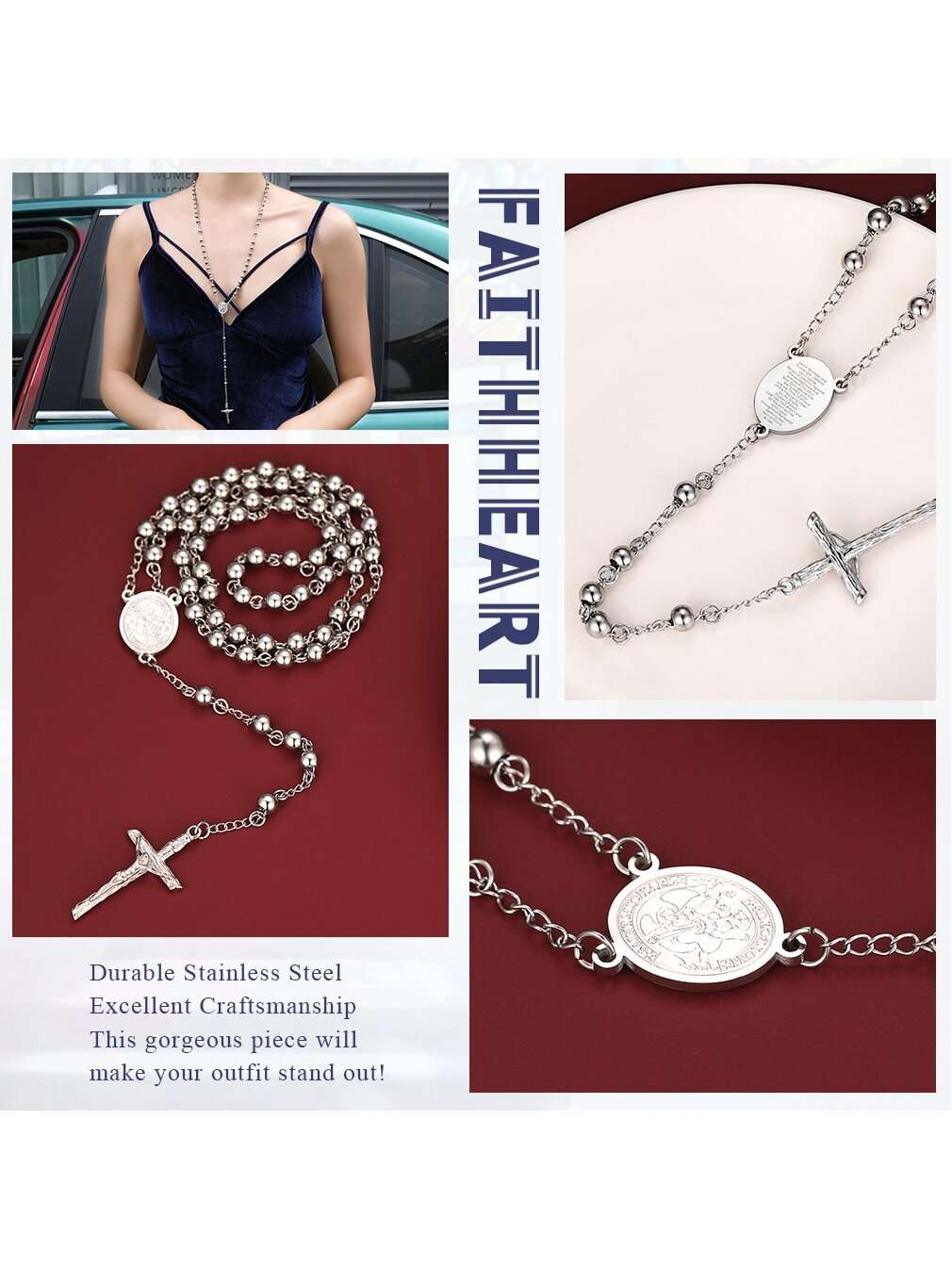 FaithHeart Women Christian Cross Pendant Necklace,Stainless Steel/Black/Gold Pr image 3