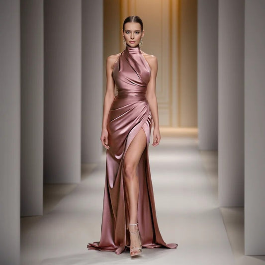 Ladies Satin New Evening Party Dresses Women Sleeveless Backless Halter Side Sl image 0