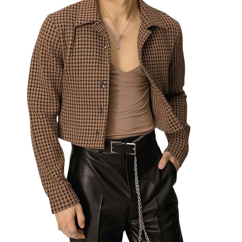 Men s Classic Plaid Print Short Jacket Lapel Collar Button Front Coat Autumn Ou image 3