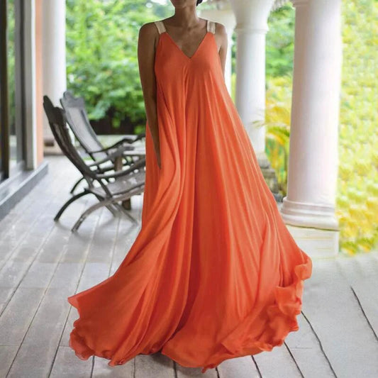 Orange Vintage Casual Loose Lace Up Boho Beach Dress Women 2024 Summer Party We image 0