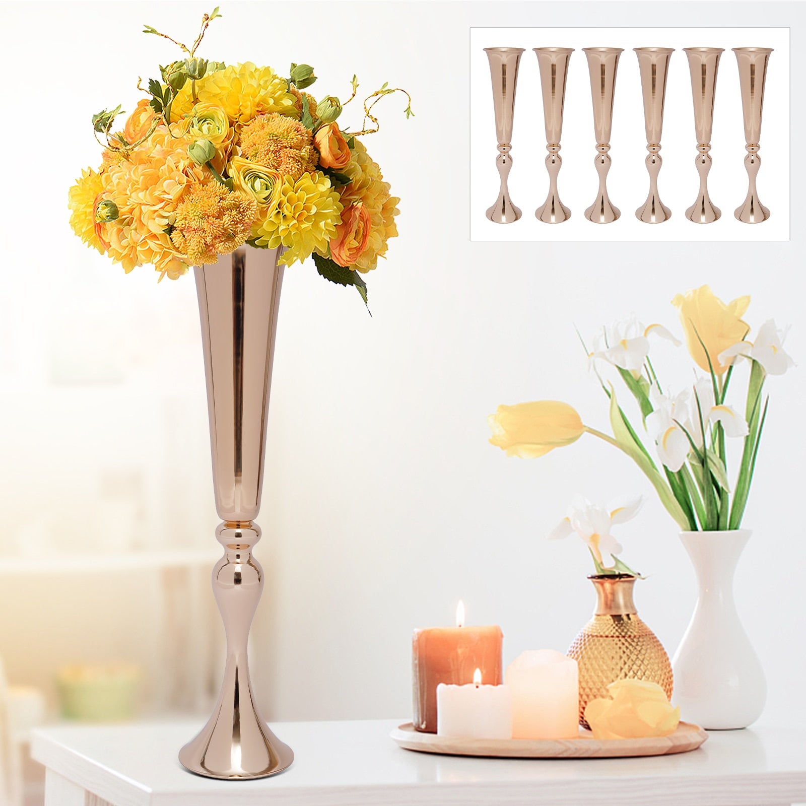 6Pcs Metal Trumpet Vases Desktop Metal Large and Tall Vases Flower Holder Gold image 2