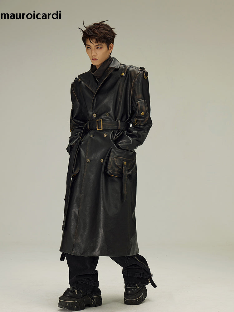 Mauroicardi Spring Autumn Long  Distressed Black Pu Leather Trench Coat Men Bel image 0