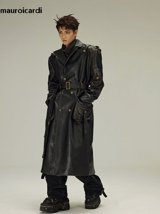 Mauroicardi Spring Autumn Long  Distressed Black Pu Leather Trench Coat Men Bel image 0