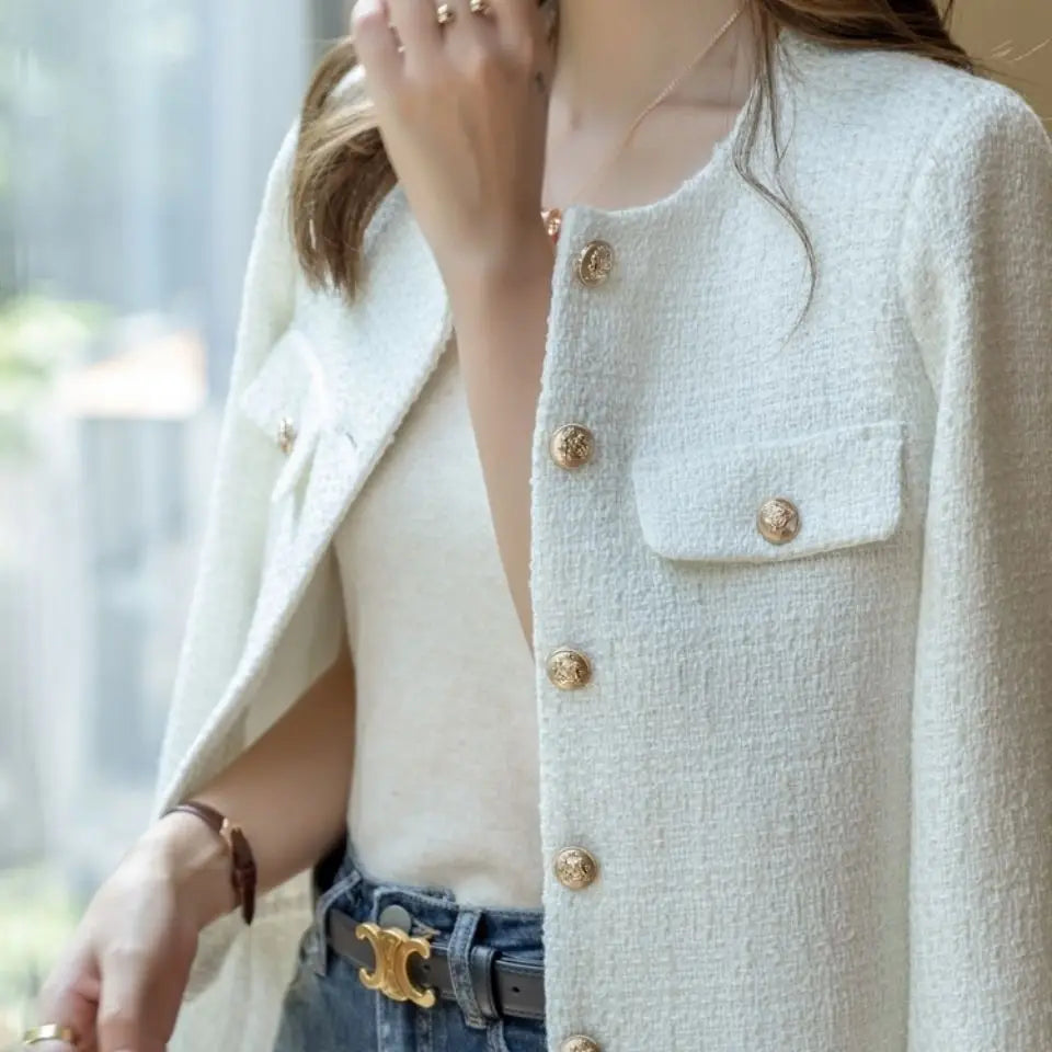 French Wool Tweed Coat Fashion High-end Gold Button Short Slim Temperament Spri image 3