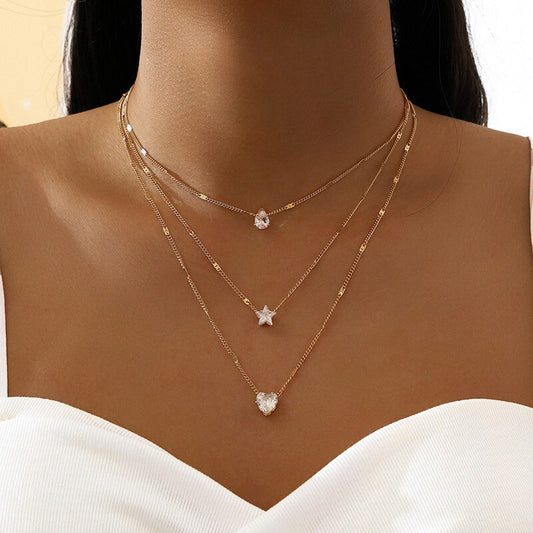 3 Pcs Gold-Color Simple Multilayered Pendant Necklace For Girls Women Star Hear image 0