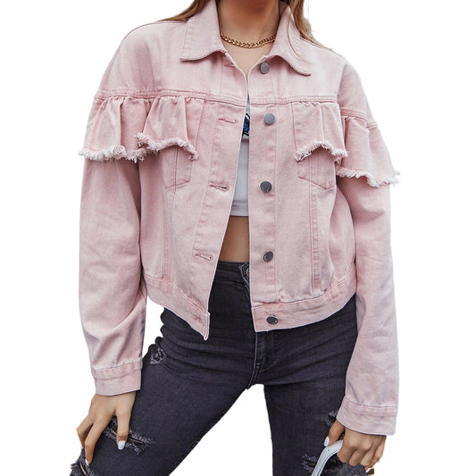 Ladies Frilled Denim Coat with Long Sleeves Collared Neckline and Button Closur image 0