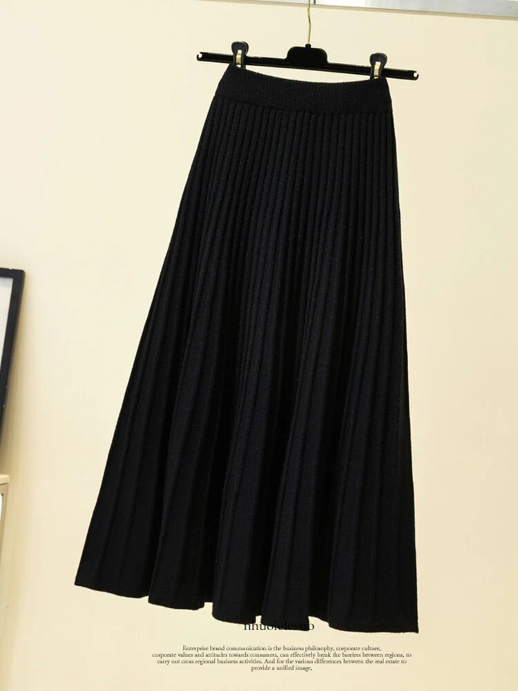 Knitted Skirts Women Autumn Thick Pleated Long Skirt Vintage High Waist Ribbed image 0