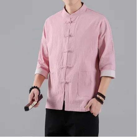 2022 New Chinese Style Mens Tops Tang Suit Linen Half Sleeve Solid Traditional image 0