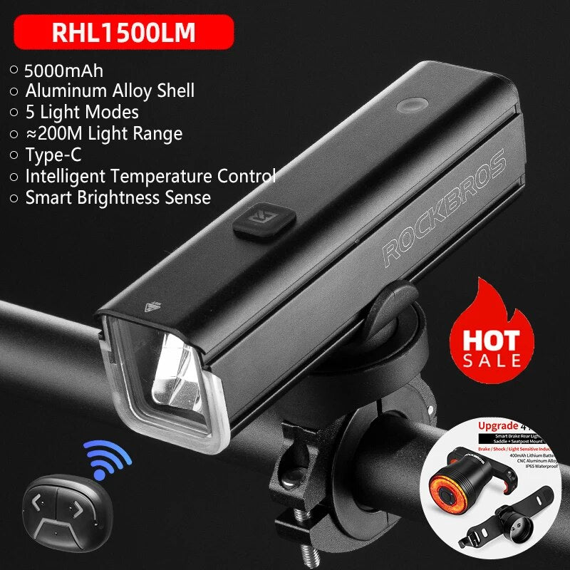 ROCKBROS Bike Light 1500LM5000mAh Type-C Bicycle Light Temperature Control  IPX image 8