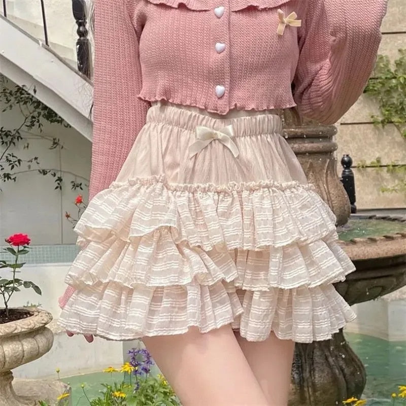 DEEPTOWN Kawaii Ruffle Skirt Women Coquette Cute Lolita High Waist A-line Bow L image 0