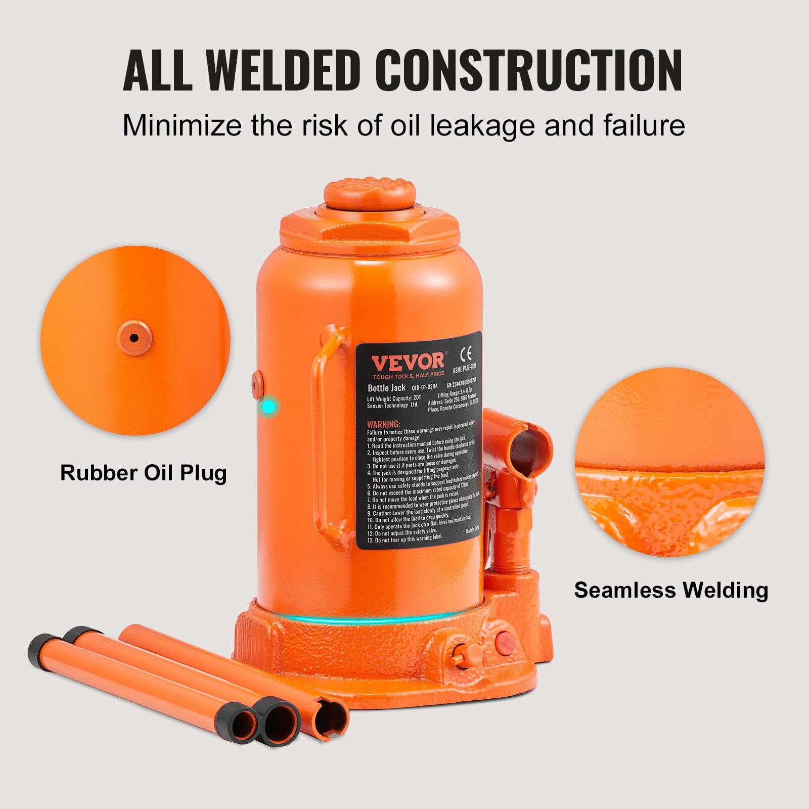 VEVOR Hydraulic Bottle Jack 20 Ton/44092 LBS All Welded Bottle Jack for Car Pic image 5